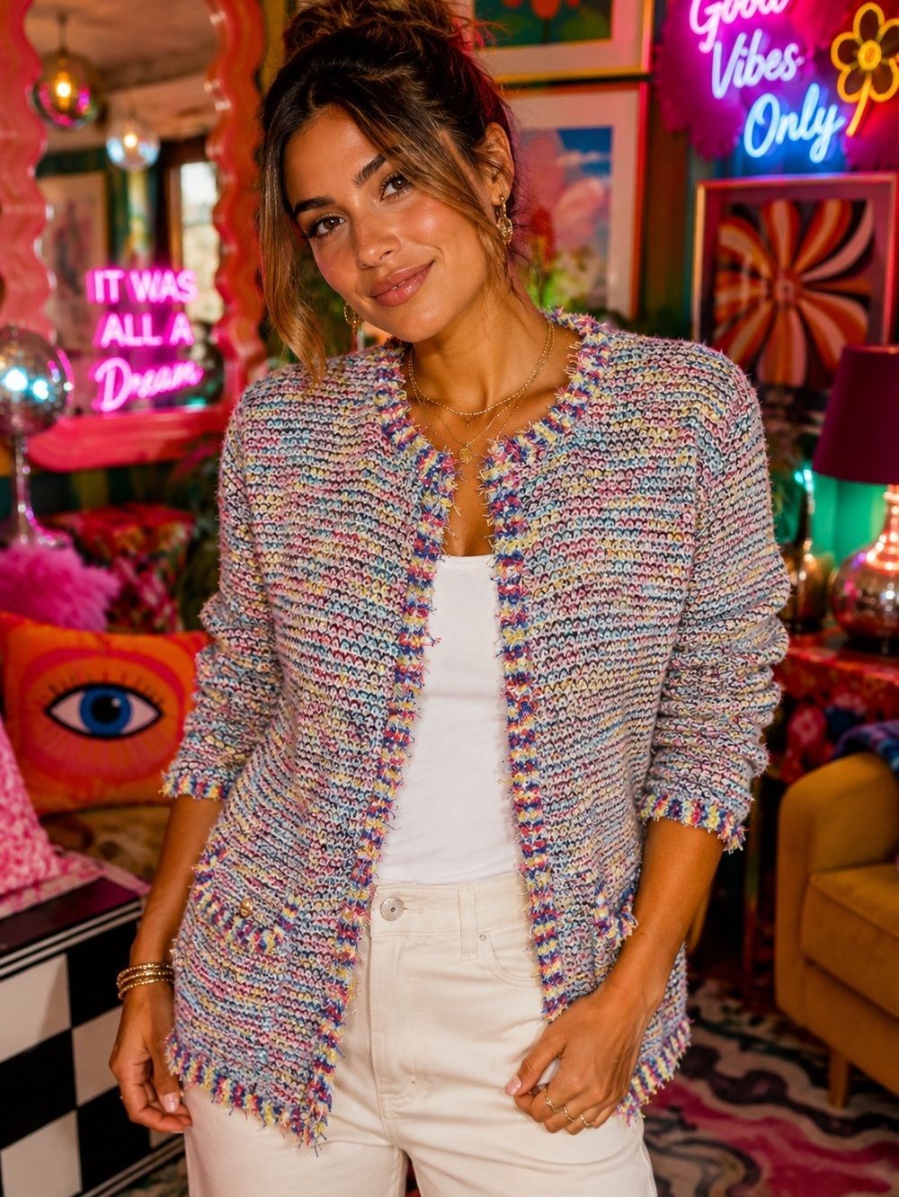Sioni Multicolor Fringe-Trim Knit Cardigan